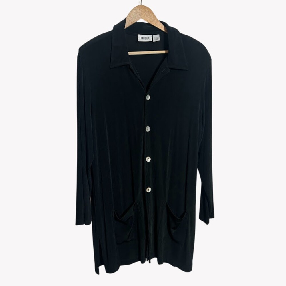 Chico's Travelers Button Up Tunic Top 3 XL Black Collard Cardigan Slinky Wrinkle